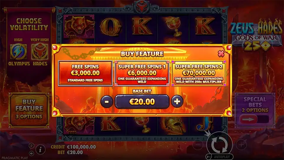 Menu Bonus Buy de Zeus vs Hades Gods of War 250 affichant les options Super Spin 1, Super Spin 2 et achat de free spins