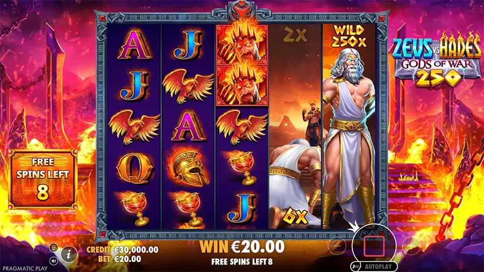 Expanding Wild de Zeus vs Hades Gods of War 250 couvrant un rouleau entier avec son multiplicateur aléatoire activé