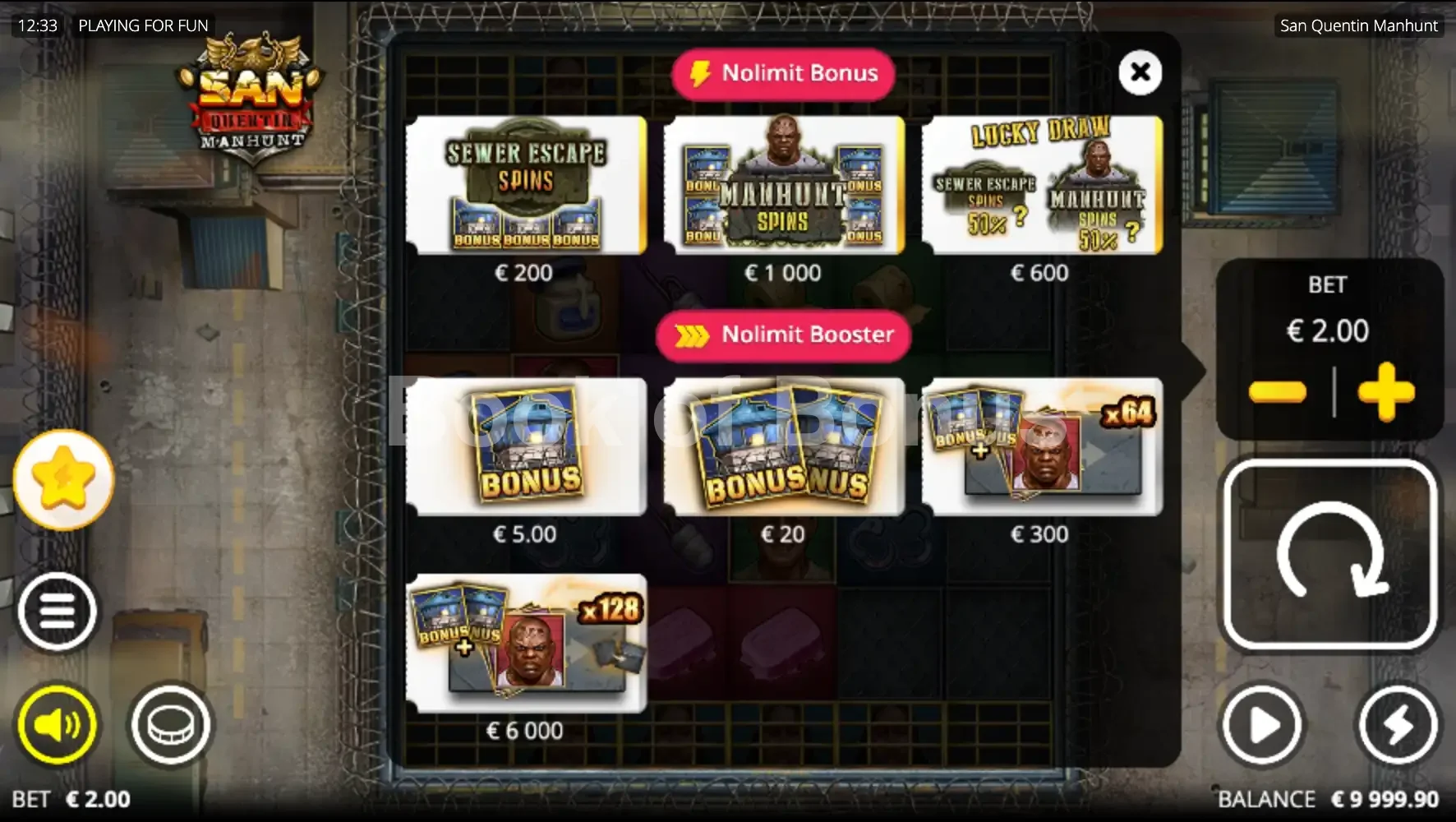 Menu Nolimit Booster de San Quentin Manhunt avec les options d'achat de bonus affichées