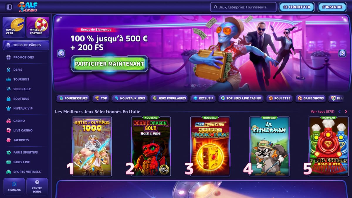 Interface du lobby Alfcasino avec la sélection complète de jeux et les catégories de navigation principales