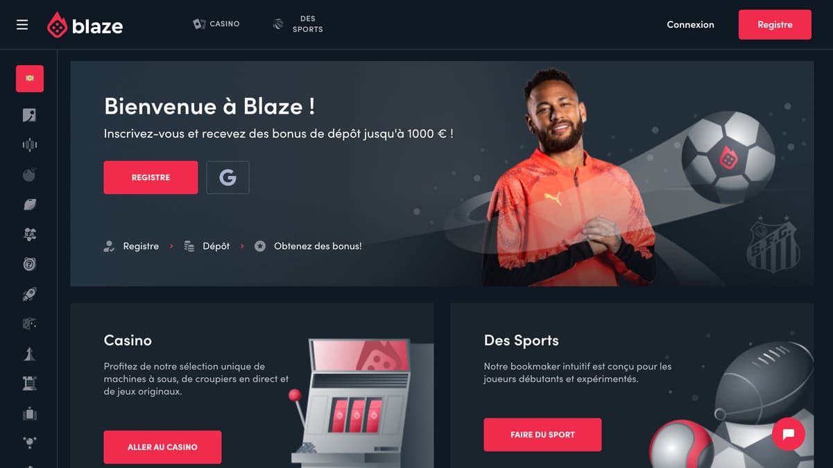 Aperçu du lobby de Blaze Casino avec ses machines à sous, jeux en direct et menu de navigation