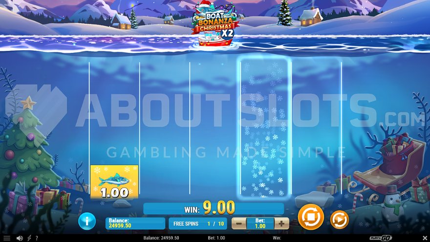 Feature Mega Catch de Boat Bonanza Christmas capturant les symboles poisson sur un rouleau