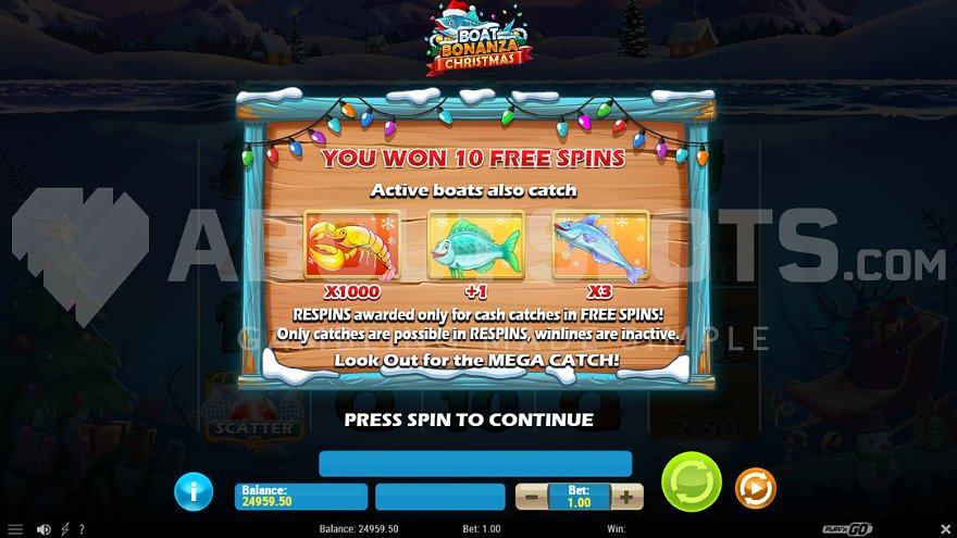 Écran de free spins de Boat Bonanza Christmas avec multiplicateur affiché sur un bateau capteur