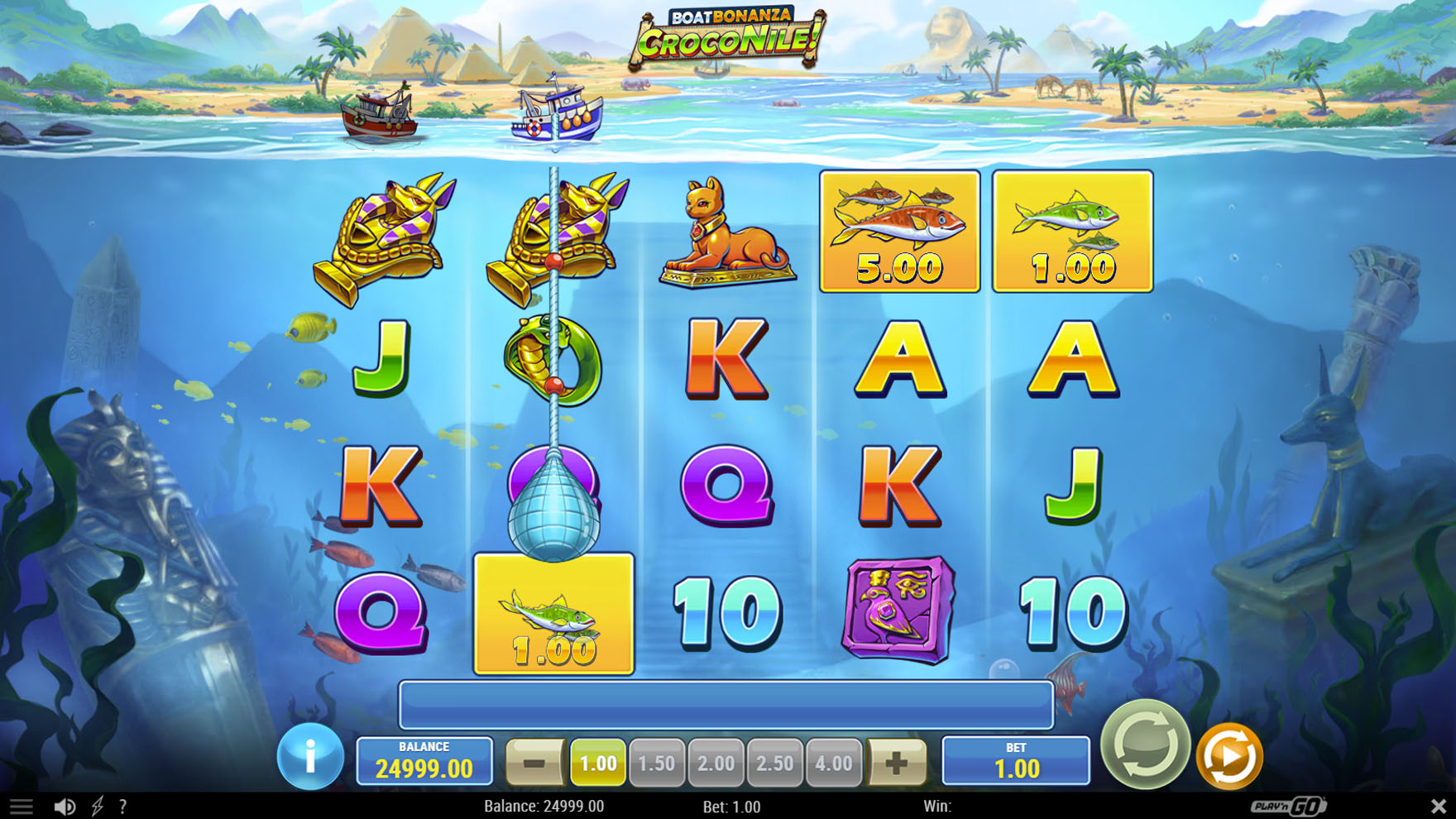 Grille 5x3 de Boat Bonanza CrocoNile! en jeu de base avec symboles Catch poisson et tortue visibles