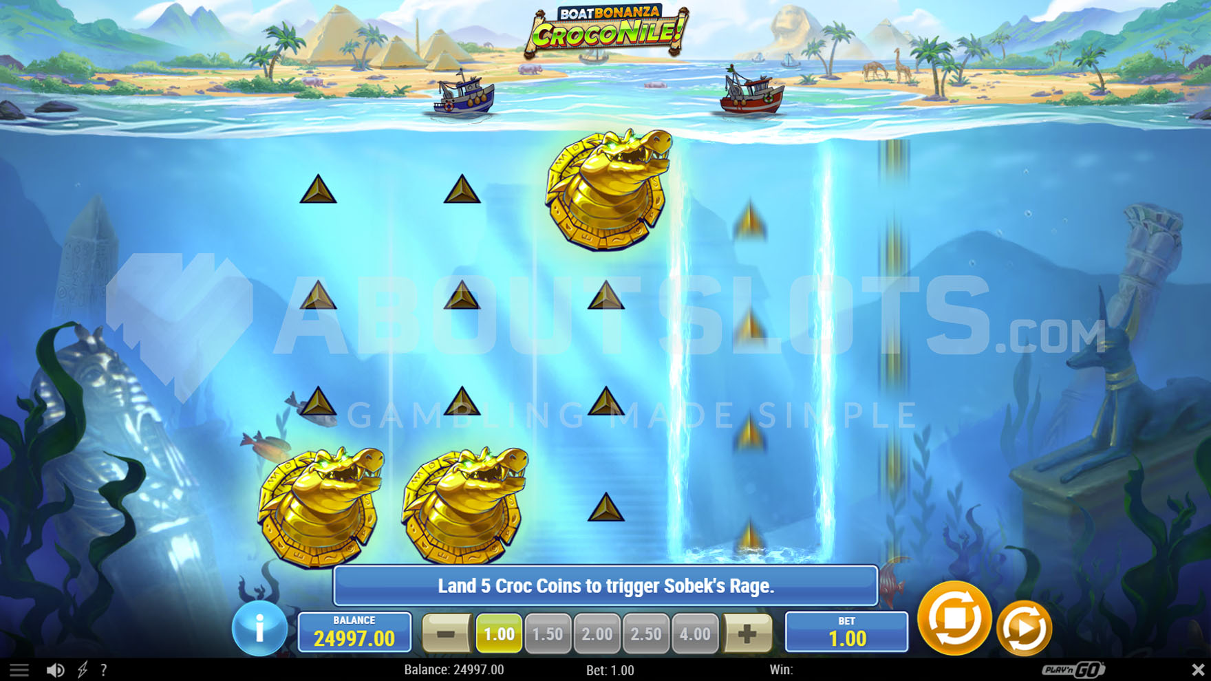 Séquence Croc'N Spin de Boat Bonanza CrocoNile! avec le crocodile Sobek et les Croc Coins collectés