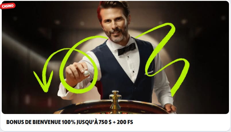 Page de bonus de bienvenue de Supabet Casino présentant l'offre 100% jusqu'à 750 € et 200 free spins