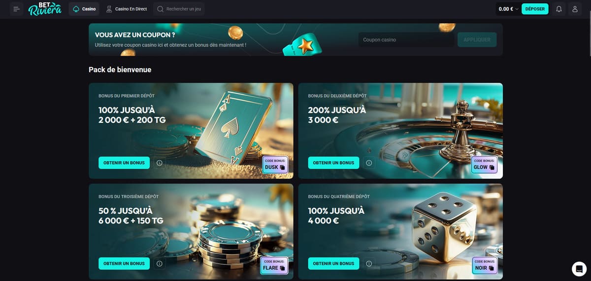 Interface du bonus de bienvenue de Bet Riviera avec le détail des quatre dépôts et free spins