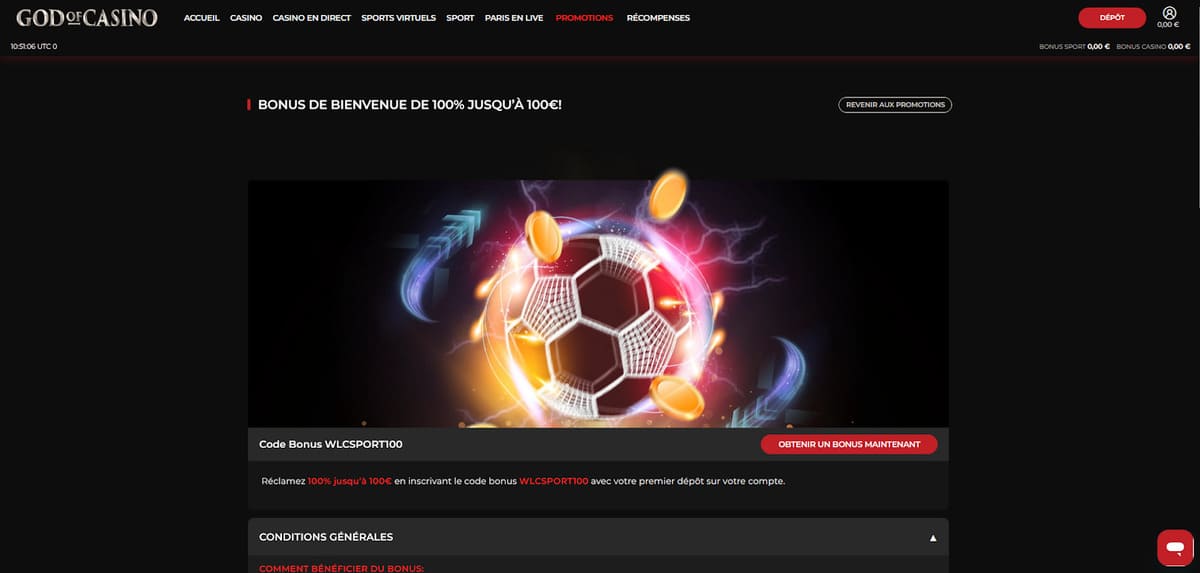 Écran du pack de bienvenue de God of Casino présentant les quatre tranches de dépôt et les codes bonus associés