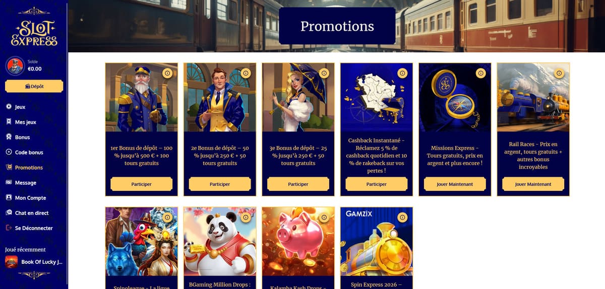 Page du bonus de bienvenue de SlotExpress avec le détail du pack 1 000 € et 200 FS