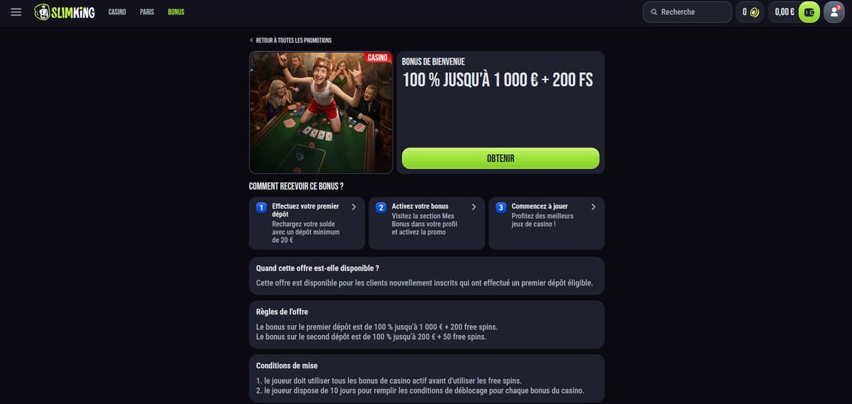 Page du bonus de bienvenue de Slim King Casino avec le détail des 200 free spins offerts