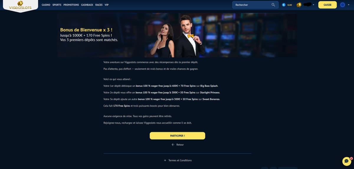 Page du bonus de bienvenue de Viggoslots Casino détaillant l'offre jusqu'à 1 000 € et 170 free spins