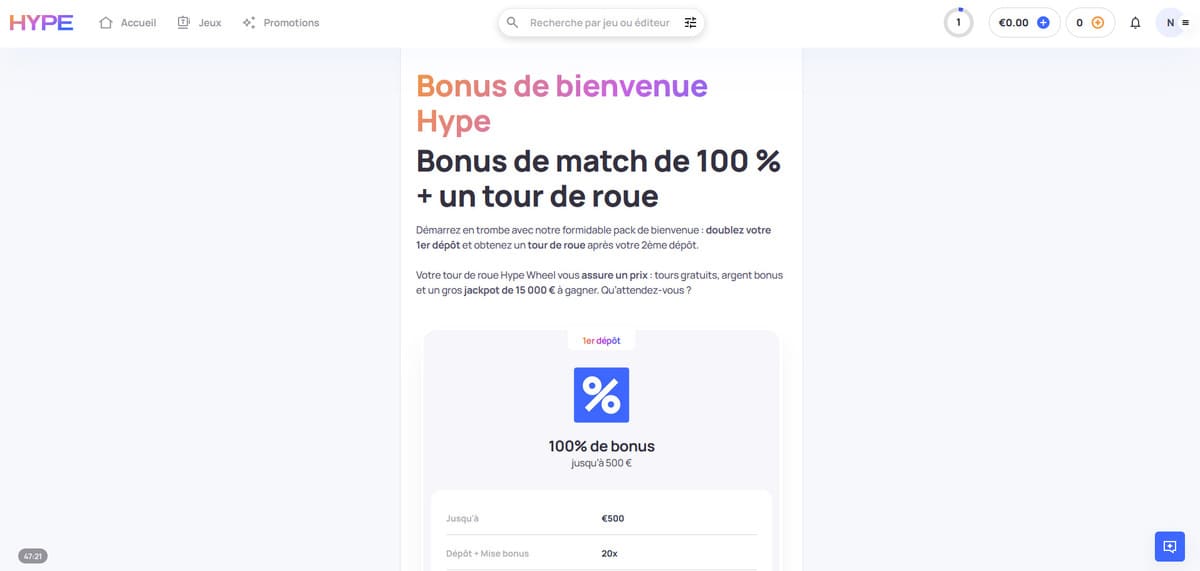 Page du bonus de bienvenue Hype Kasino affichant l'offre 100 pourcent jusqu'à 500 euros