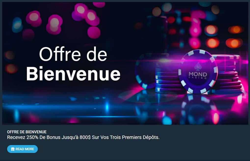 Page bonus de bienvenue de Mond Casino affichant le pack 800 € sur 3 dépôts avec les codes MOND1 MOND2 MOND3