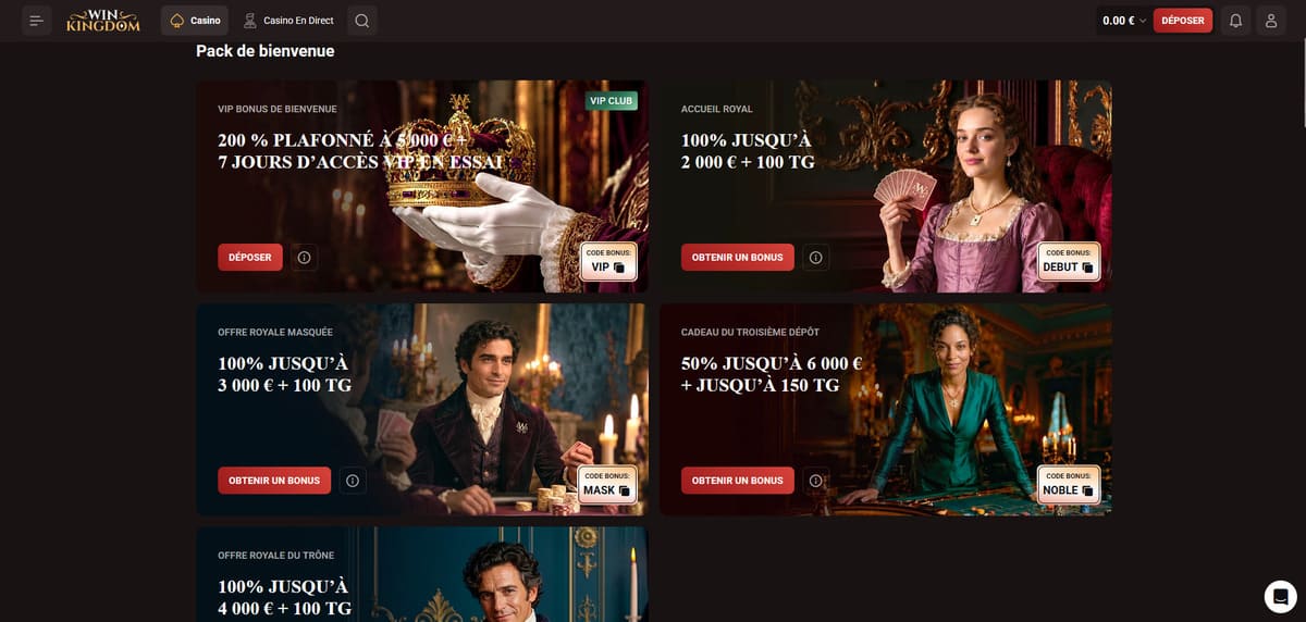 Page du bonus de bienvenue de WinKingdom présentant le pack réparti sur quatre dépôts