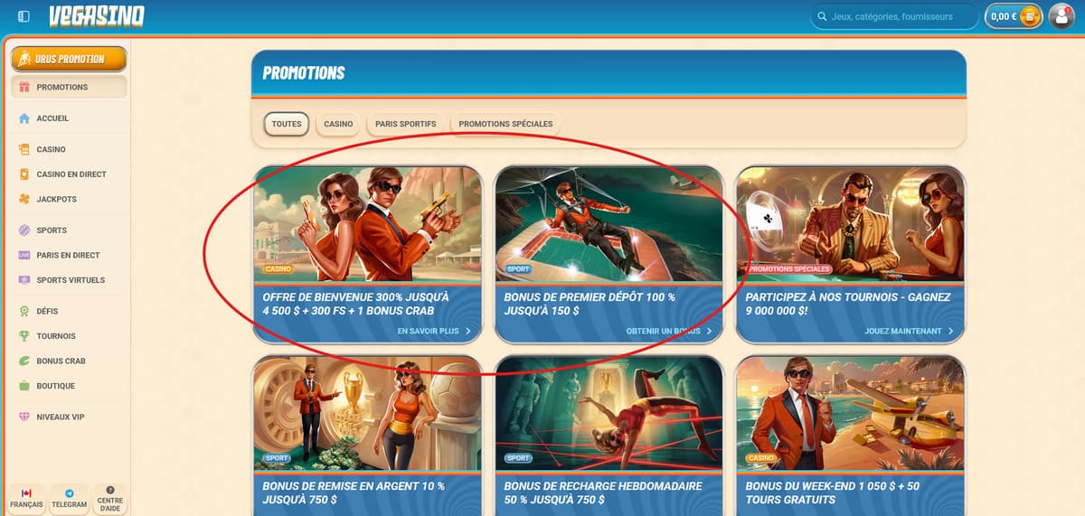 Page des bonus de Vegasino affichant le pack de bienvenue et le Bonus Crab