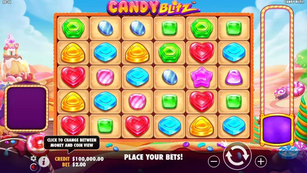 Grille 6 rouleaux de Candy Blitz avec bonbons colorés alignés en Pay Anywhere sur fond violet