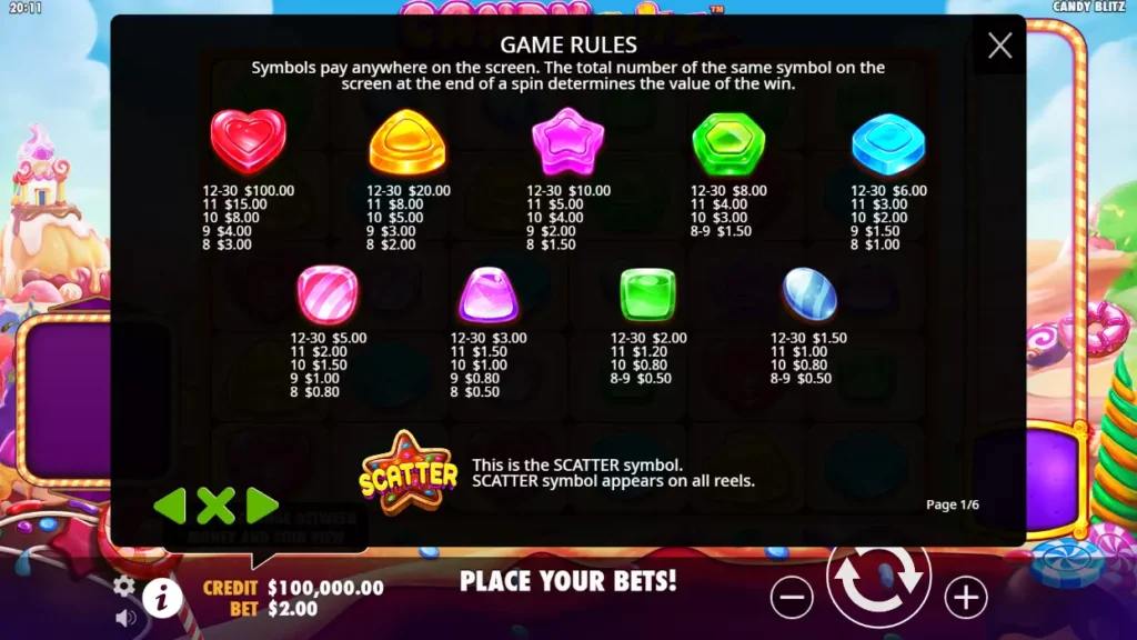 Cascade de bonbons sur Candy Blitz avec multiplicateur affiché sur la Multiplier Reel adjacente