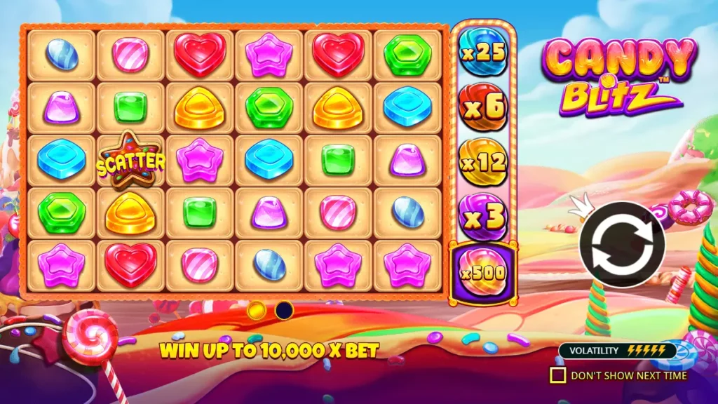 Écran de free spins de Candy Blitz avec compteur de tours et multiplicateur minimum x2 visible