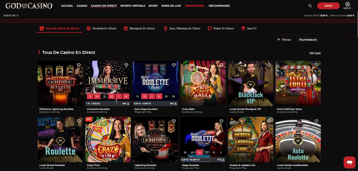 Lobby du casino en direct de God of Casino avec tables Evolution et Pragmatic Live ouvertes en temps réel