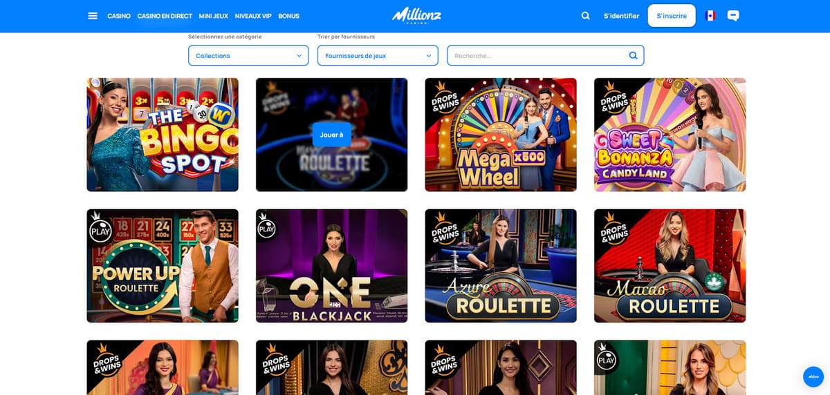 Interface du casino en direct de Millionz Casino avec les tables Evolution et Pragmatic Live en temps réel