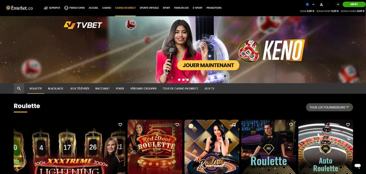 Section casino en direct d'EmirBet avec les tables Evolution Gaming disponibles en temps réel