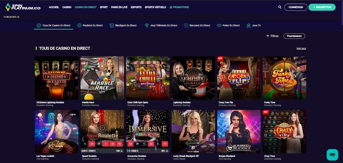 Section casino en direct de Spin Platinum avec les tables Evolution Gaming disponibles en temps réel
