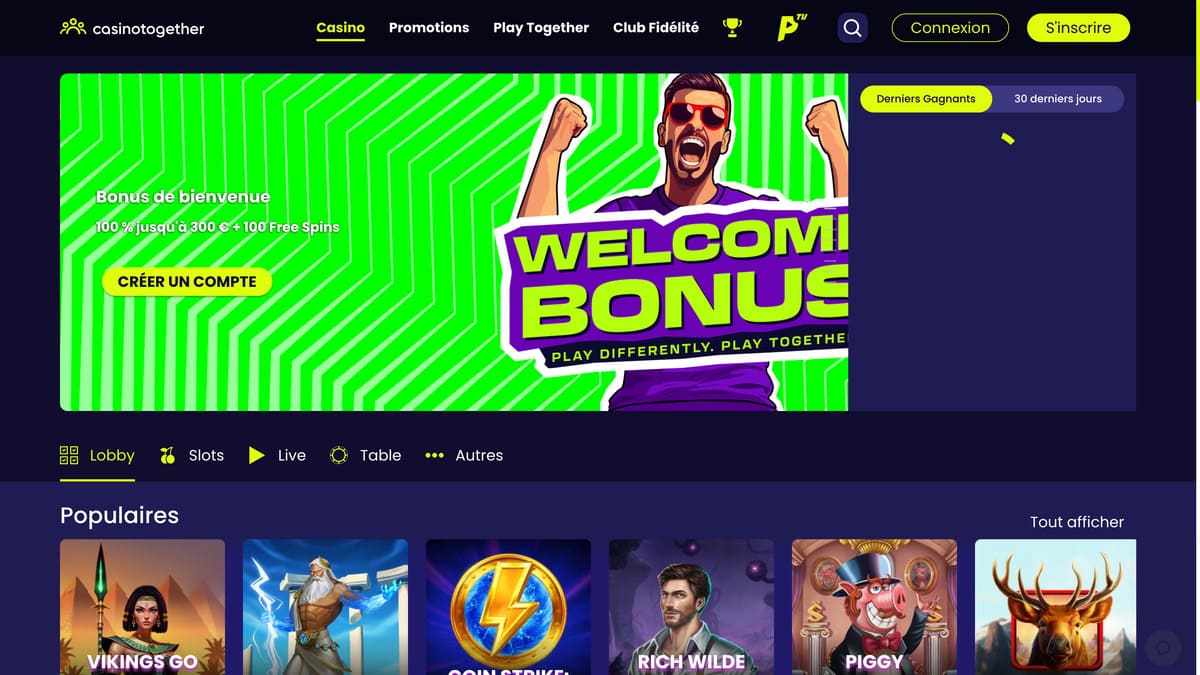 Lobby de Casino Together avec sa grille de jeux filtrables par volatilité, ses catégories machines à sous, live casino et mini-jeux
