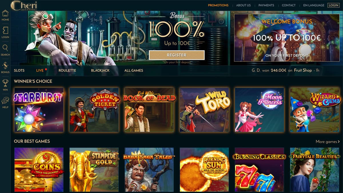 Interface lobby de Cheri Casino affichant la sélection de machines à sous et les menus de navigation principaux