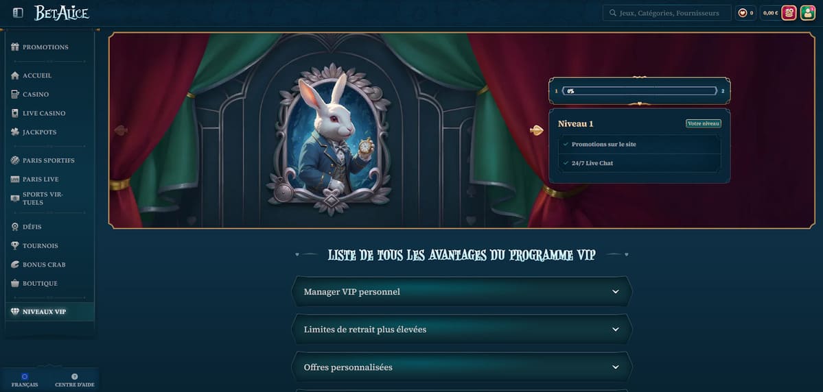 Programme VIP de BetAlice casino avec les cinq paliers du Lapin Blanc au statut Alice et leurs avantages