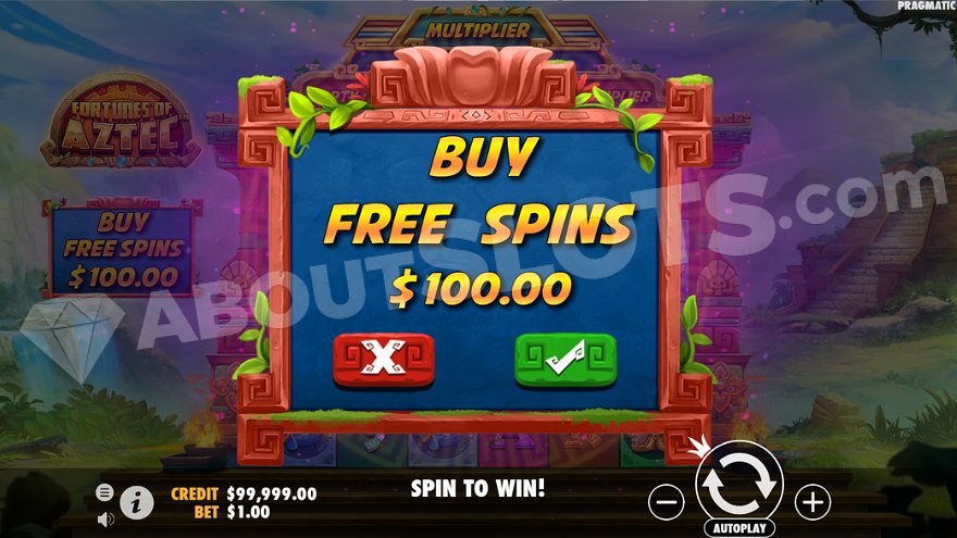 Menu Buy Bonus de Fortunes of Aztec proposant l'achat des free spins pour 100x la mise