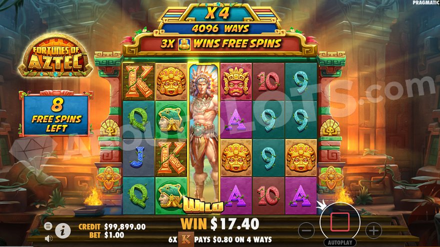 Écran de free spins de Fortunes of Aztec avec symbole Wild empilé sur le rouleau