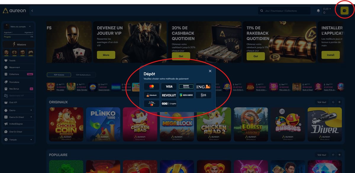 Interface de dépôt d'AureonPlay listant les méthodes de paiement dont les cryptomonnaies