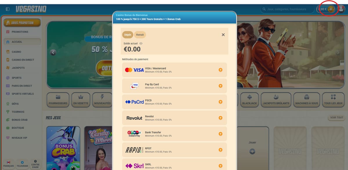 Méthodes de paiement disponibles sur Vegasino dont carte bancaire et cryptomonnaies
