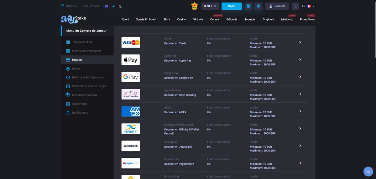 Page de dépôt MyStake avec les cryptomonnaies et cartes bancaires disponibles