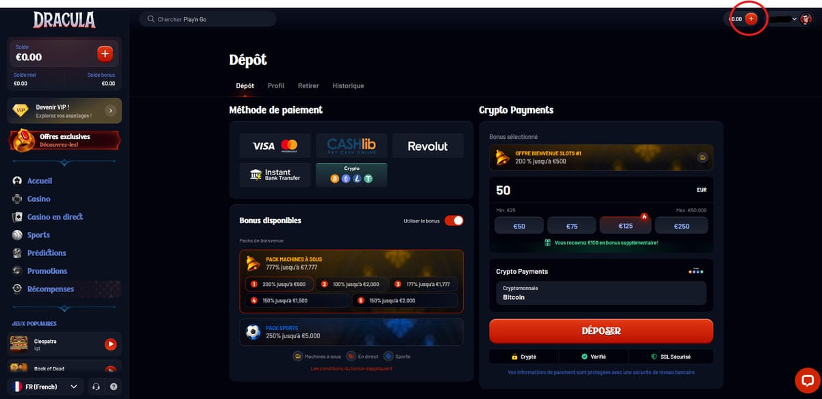 Page des méthodes de dépôt de Dracula Casino avec carte bancaire et cryptomonnaies