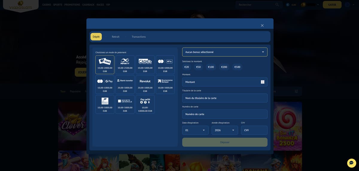 Interface des méthodes de dépôt sur Viggoslots Casino avec les options de paiement disponibles