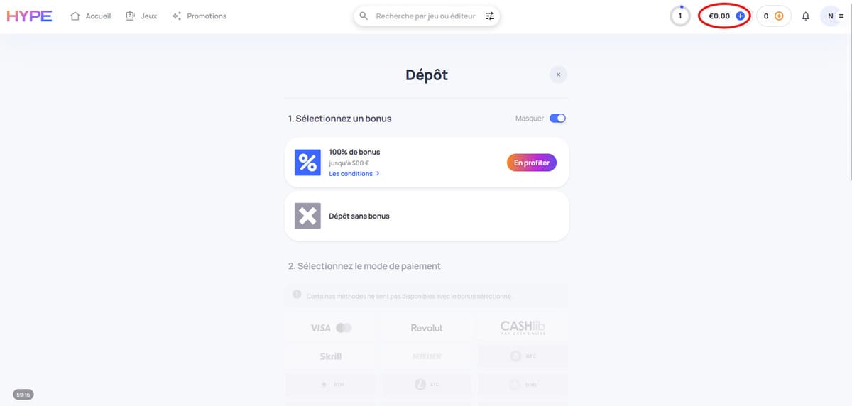 Écran de dépôt de Hype Kasino avec les méthodes de paiement crypto et carte bancaire