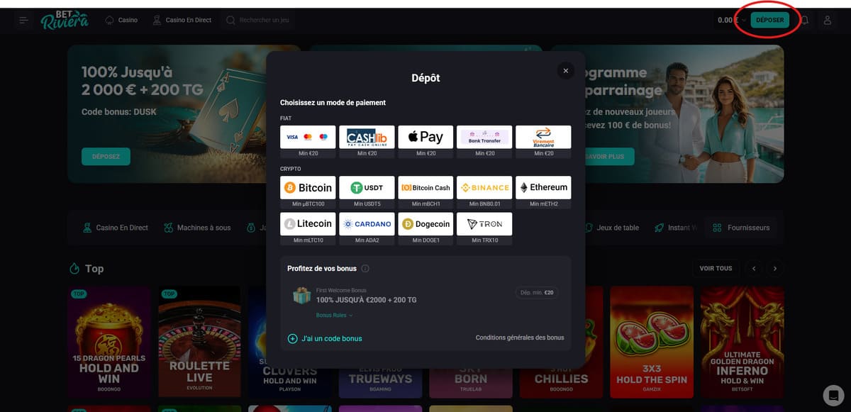 Page de dépôt de Bet Riviera avec les méthodes de paiement carte bancaire et cryptomonnaies
