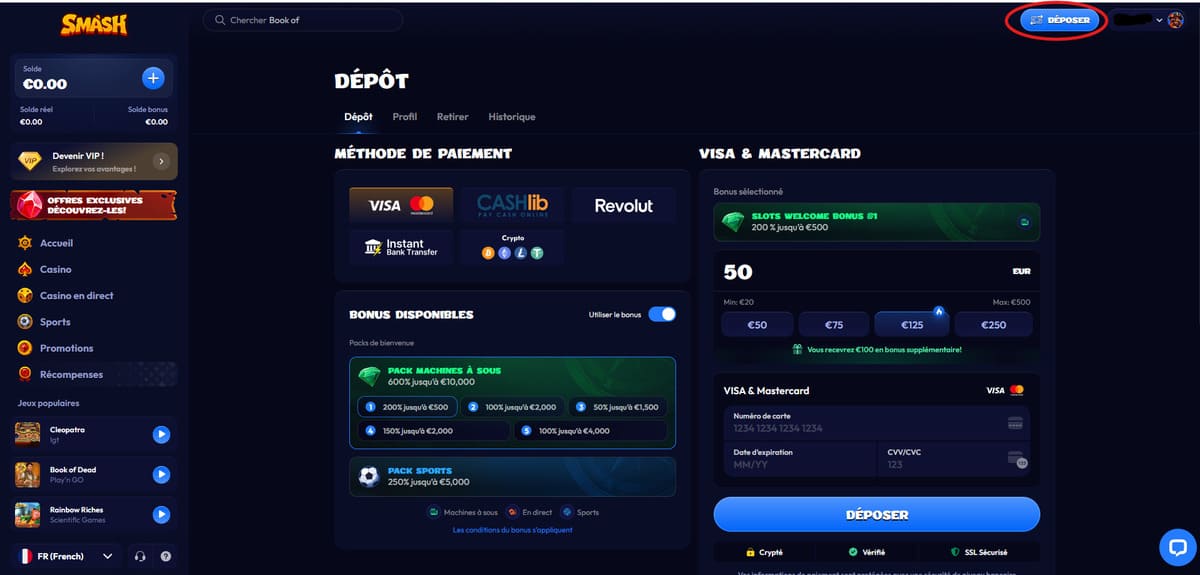 Page des méthodes de dépôt de Smash Casino affichant carte bancaire, crypto et virement