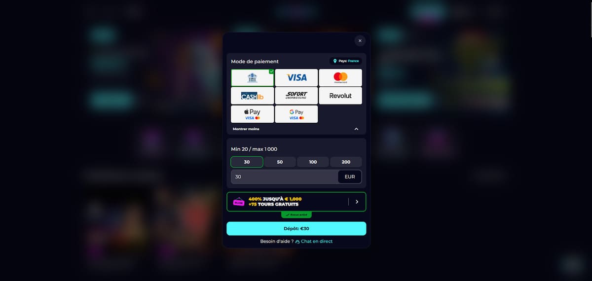 Page de dépôt de PartySpinz listant les méthodes de paiement disponibles avec les plafonds