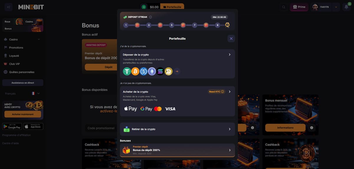 Page de dépôt crypto de Minebit avec Bitcoin, Ethereum et USDT proposés