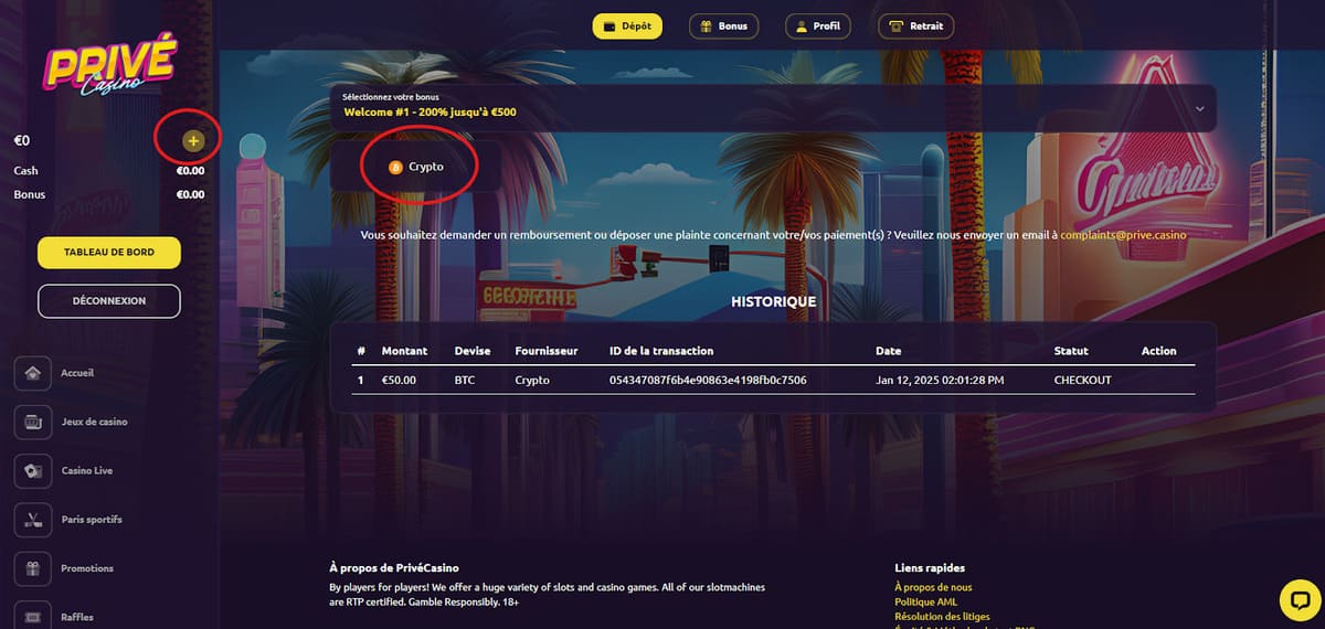 Page de dépôt en crypto-monnaie sur Privé Casino montrant les options Bitcoin, Ethereum et USDT disponibles