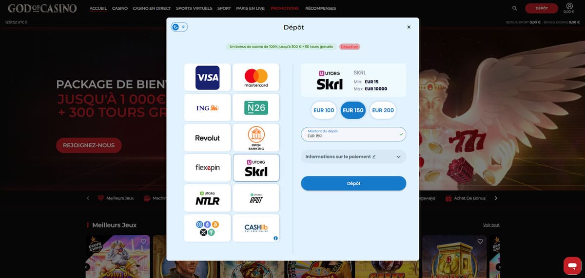 Page des méthodes de dépôt de God of Casino affichant les options crypto, carte bancaire et e-wallets disponibles