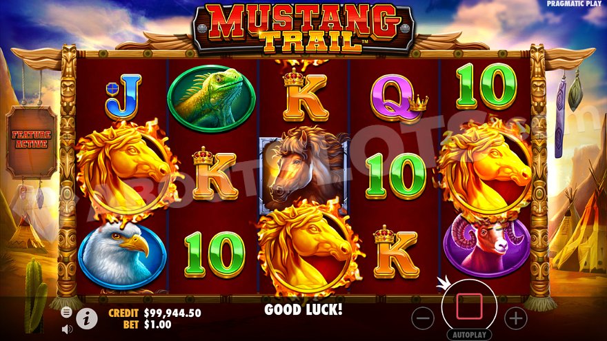 Écran des free spins de Mustang Trail avec wilds collants et jauge Bonus Trail au dessus des rouleaux