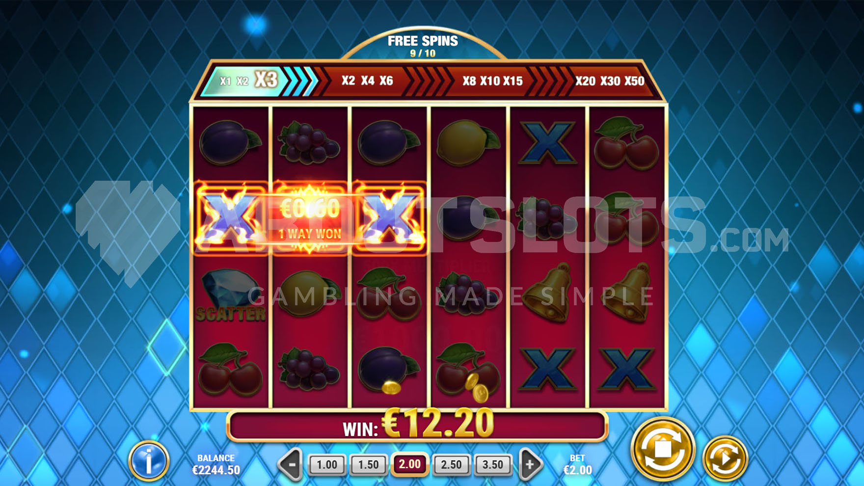 Écran de free spins de Fire Joker Blitz avec le multiplicateur progressif affiché en haut de la grille