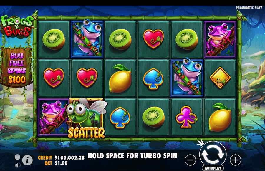 Grille 6x3 de Frogs & Bugs en jeu de base avec grenouilles colorées et fruits visibles