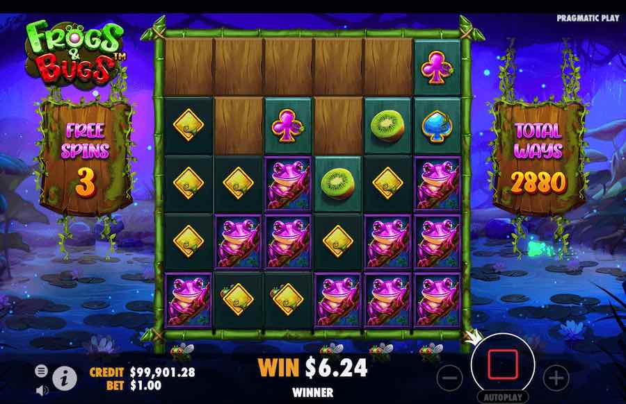 Écran de Free Spins de Frogs & Bugs avec grille étendue et multiples symboles en cascade