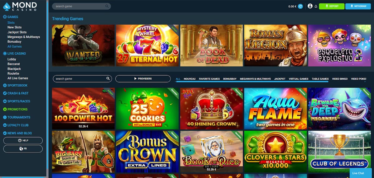 Lobby de Mond Casino avec la grille des jeux disponibles par catégorie, interface desktop