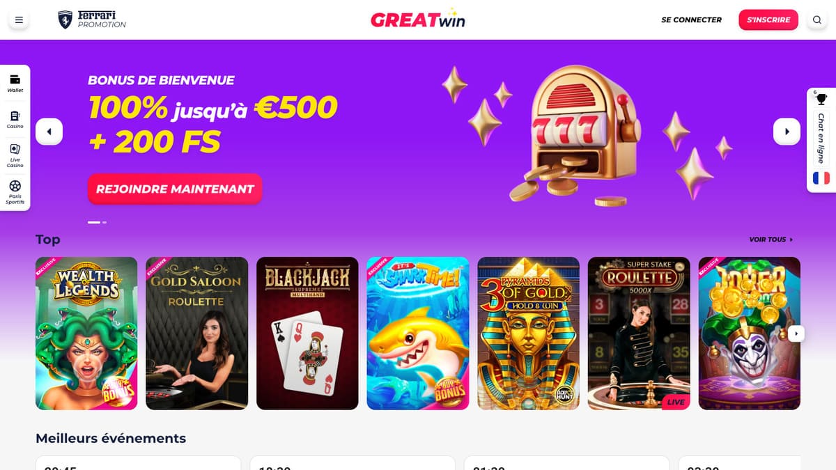 Interface du lobby GreatWin Casino avec la sélection de jeux et les promotions en cours