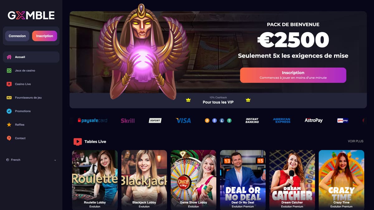 Interface du lobby de Gxmble Casino avec ses catégories de jeux et l'offre promotionnelle en avant-plan
